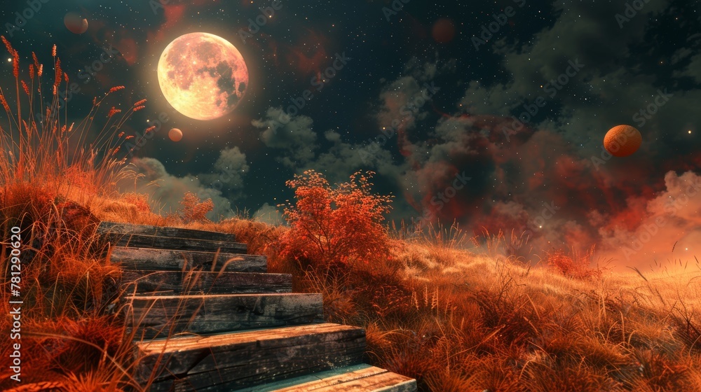 Poster 3d rendering of an abstract halloween background with stair steps and a moon on an autumn field.