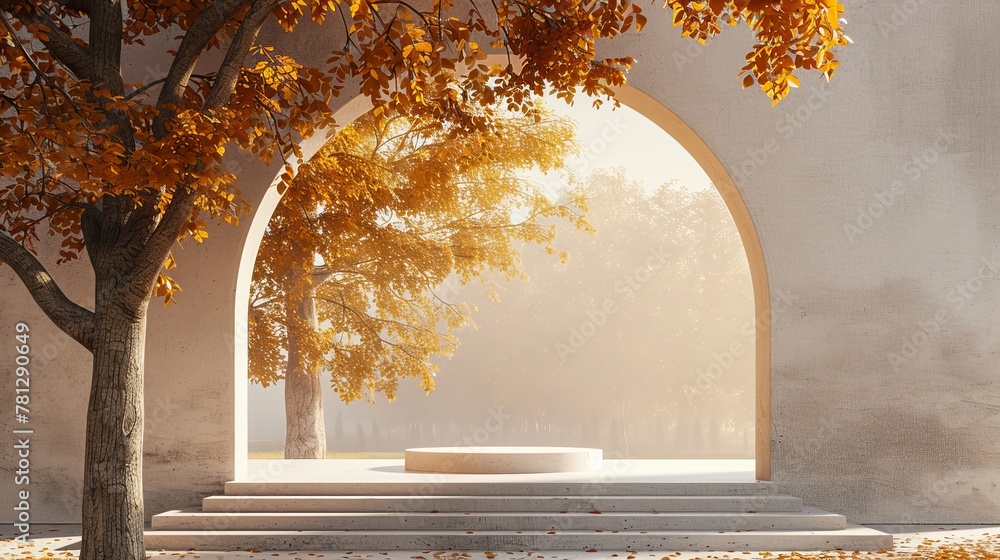 Poster a 3d render background of an abstract autumn scene that features geometrical forms, an arch with a p