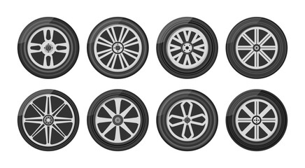Set of car wheels icon. A wheel tyre for the car and the motorcycle and the truck and the SUV. Round and transportation, automobile equipment, vector illustration in flat design © Little Monster 2070