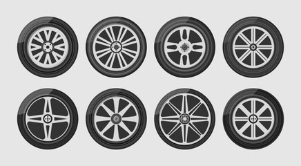 Set of car wheels icon. A wheel tyre for the car and the motorcycle and the truck and the SUV. Round and transportation, automobile equipment, vector illustration in flat design © Little Monster 2070