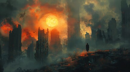 An abandoned city with a man standing on top of it. A sci-fi illustration - obrazy, fototapety, plakaty