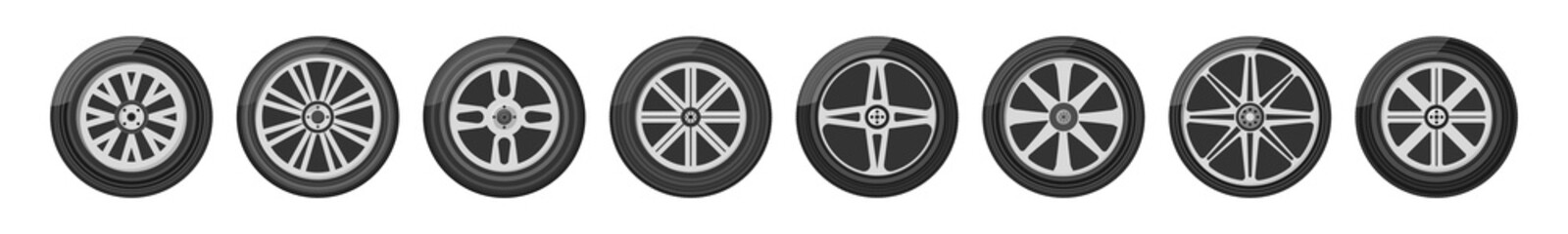 Set of car wheels icon. A wheel tyre for the car and the motorcycle and the truck and the SUV. Round and transportation, automobile equipment, vector illustration in flat design - obrazy, fototapety, plakaty