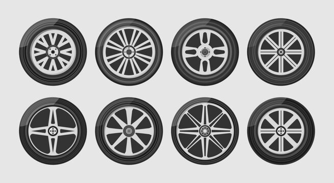 Set of car wheels icon. A wheel tyre for the car and the motorcycle and the truck and the SUV. Round and transportation, automobile equipment, vector illustration in flat design