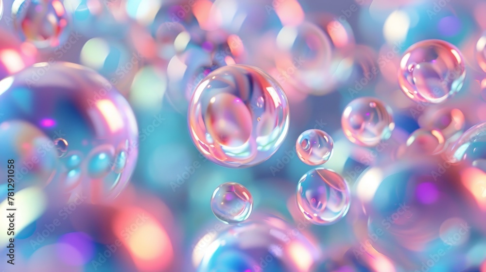 Poster the background features holographic floating liquid blobs, soap bubbles, and metaballs...
