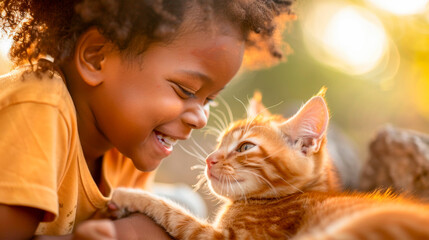 Black child gently stroking a fluffy ginger cat in a garden in nature in summer. Animal and human communication. Friendship and nurturing. Banner. Copy space
