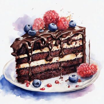 a piece of cake with cream and berries. sweet pastries, dessert for a holiday, birthday. illustration. artificial intelligence generator, AI, neural network image. background for the design.