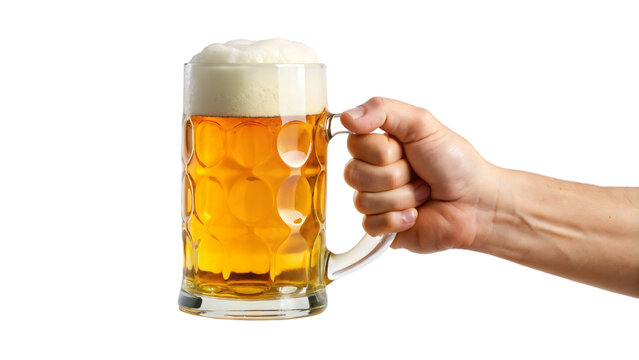Hand holding beer mug with frothy foam, isolated on white background