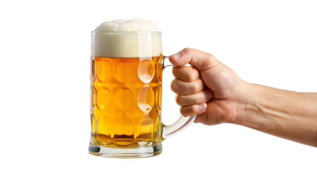 Hand holding beer mug with frothy foam, isolated on white background