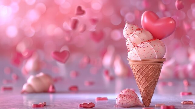 An ice cream cone with a heart shape on Valentine's Day. 3D render.