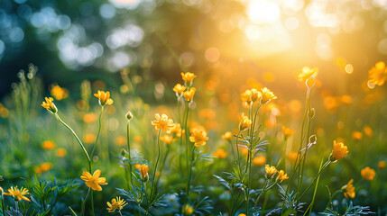 field of yellow flowers at sundown - obrazy, fototapety, plakaty