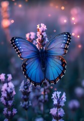 Beautiful blue butterfly on heather flowers in the field, lavender and pink pastel colors, created by ai