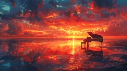 An artist's illustration of melting black pianos on the beach at sunset, rendered in surrealism - obrazy, fototapety, plakaty