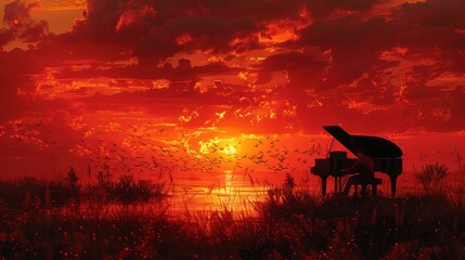 At sunset, a man plays piano among flocks of birds on the beach, digital illustration painting