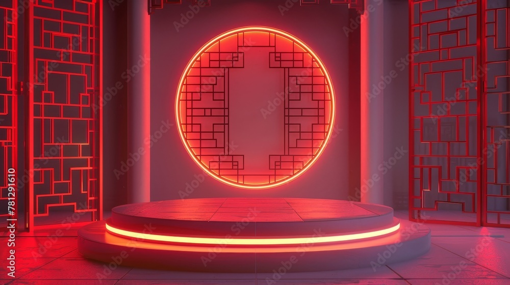 Poster the background of a chinese product display includes a podium and neon lights. you can see the 3d re