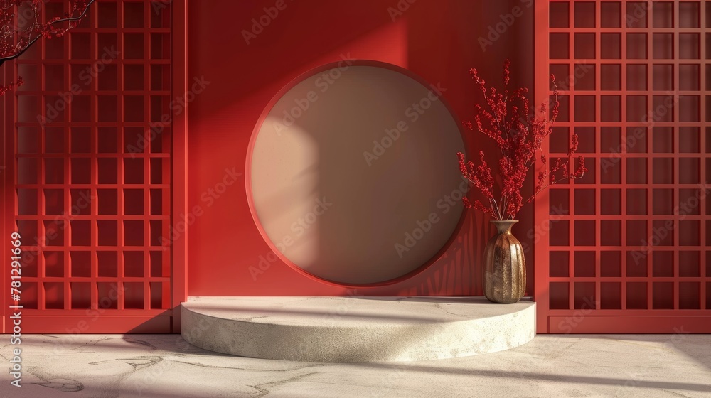 Poster this is a 3d rendering of the chinese background with the podium for displaying the product.