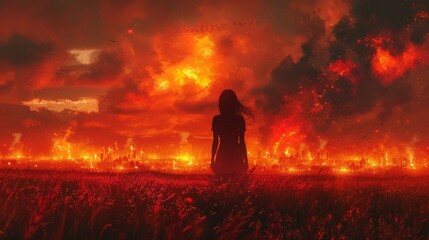 Fototapeta premium Women's silhouettes on burning village background, digital art style, illustration painting