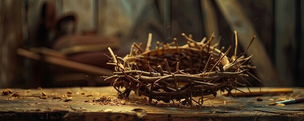 Jesus' crown of thorns on wooden surface, captured in a bokeh panorama style with carved wooden...