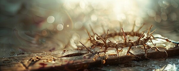 Jesus' crown of thorns on wooden surface, captured in a bokeh panorama style with carved wooden blocks, creating a minimalistic still life featuring drawing and writing tools with soft, rounded shapes - obrazy, fototapety, plakaty