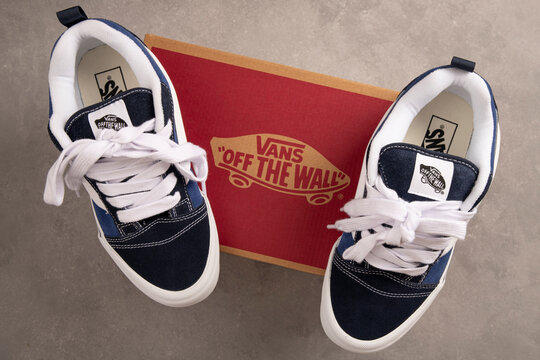 Vans Knu Skool sneakers, shoes, blue and white.. GERMANY, LEIPZIG - APRIL 10, 2024