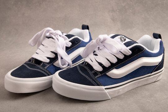 Vans Knu Skool sneakers, shoes, blue and white.. GERMANY, LEIPZIG - APRIL 10, 2024