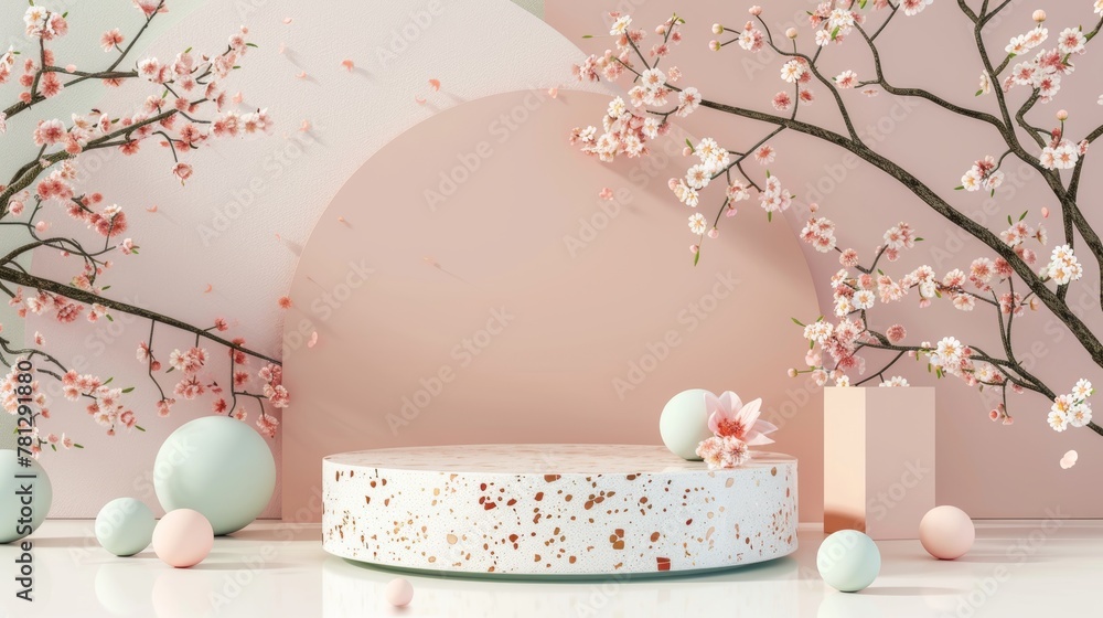 Poster fashion podium backdrop with geometric shapes and spring flowers. terrazzo texture. 3d rendering sce