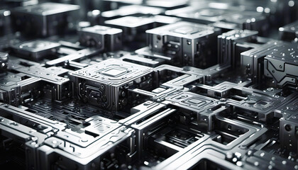 Technik Hintergrund Vorlage für technische Daten Analyse Überwachung Computer Chip Design Makro Prozessor Hardware Mikrochip Leiter Bauteile Platine hoch modern schwarz silber leuchtend Ströme - obrazy, fototapety, plakaty