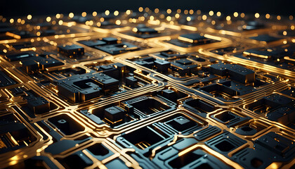 Technik Hintergrund Vorlage für technische Daten Analyse Überwachung Computer Chip Design Makro Prozessor Hardware Mikrochip Leiter Bauteile Platine hoch modern schwarz gold leuchtend fließende Ströme