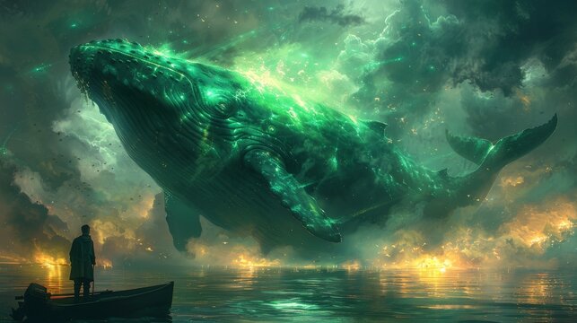 A fantasy scene of a man on a boat admiring a glowing green whale in the sea, painted in an illustration style, digital art style, and digital composition