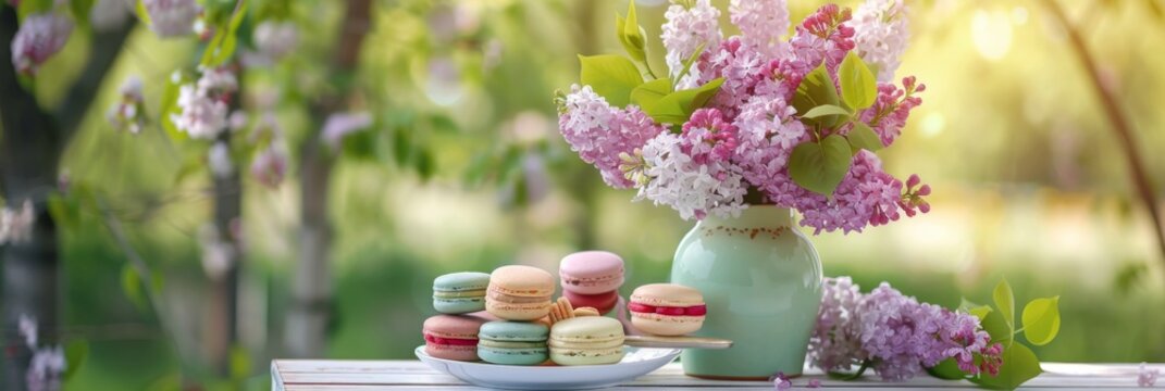 Picnic, beautiful bouquet of lilacs in vase, multicolor macaroon, sweet cakes, macaron in sunny garden. Concept of leisure, family weekend, spring mood. Banner image for design, wallpaper. Copy space