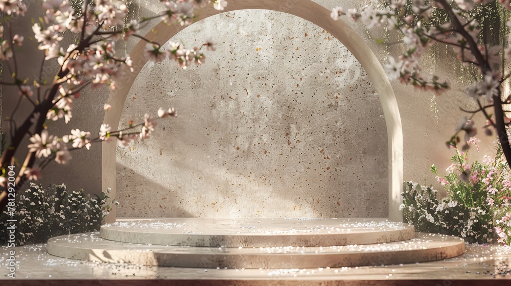 Poster this pedestal backdrop has a spring flower concept with terrazzo texture. this scene is rendered in 