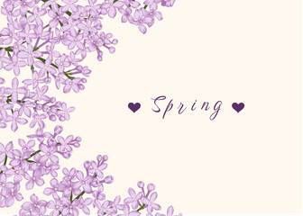 Spring border with lilac flowers. Floral background with place for text. Vector illustration. Linear art style.