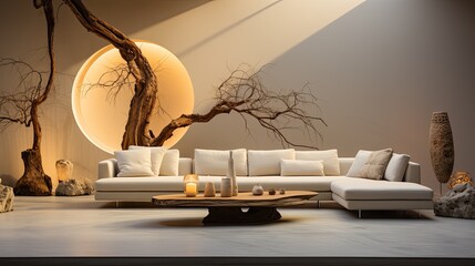Beige sofa with cushions, modern living room interior