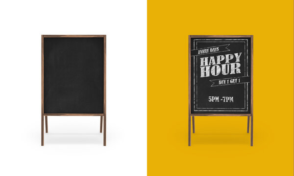 Realistic blank board for menu announcement with  example. Street chalkboard frame standee.  3D rendering. Transparent background illustration.