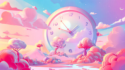 Dreamlike Landscape with Giant Clock Amidst Cotton-Candy Clouds