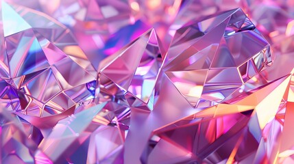 Geometric crystal background with iridescent texture and faceted gem. 3D rendering.