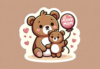 Adorable Mother and Cub Bear with a Love Heart Balloon in a Whimsical Illustration.