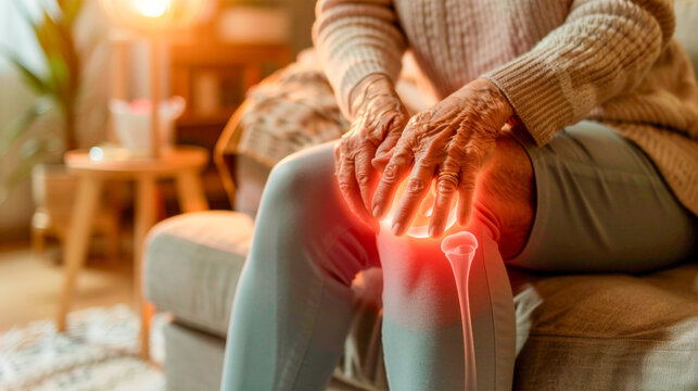 An older person's hands gently resting on a painful, glowing knee while seated, depicting discomfort, joint pain, or arthritis in a homely atmosphere. Banner. Copy space