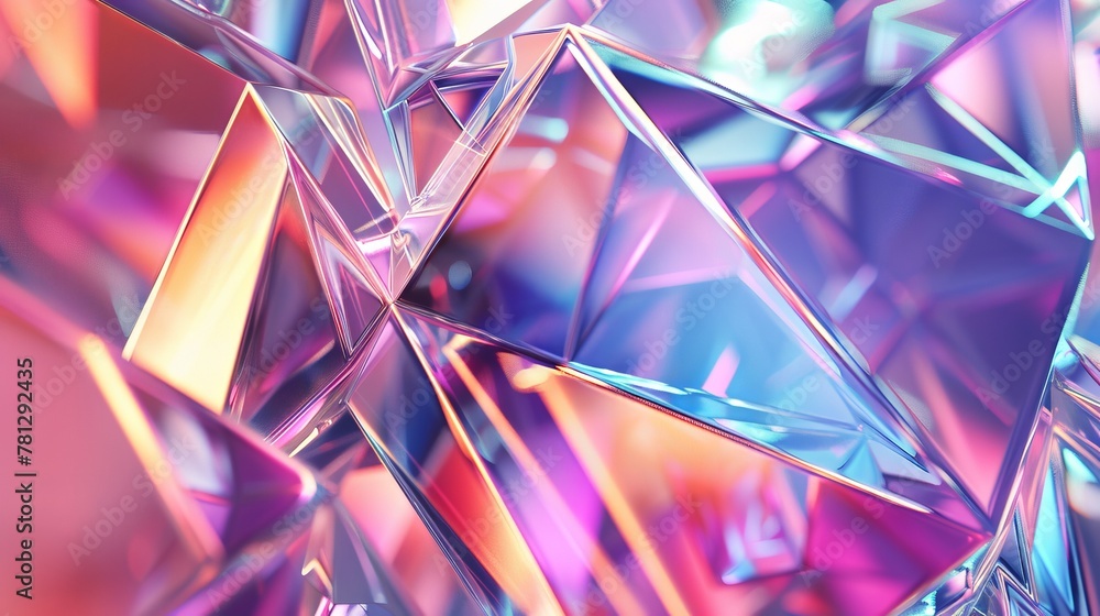 Poster an abstract geometric crystal background with an iridescent texture. the image is rendered in 3d.