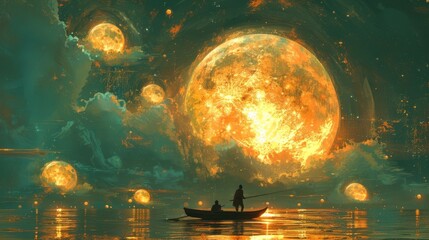 Scenery of a man rowing a boat amid many glowing moons floating on the sea, digital art style, illustration painting - obrazy, fototapety, plakaty