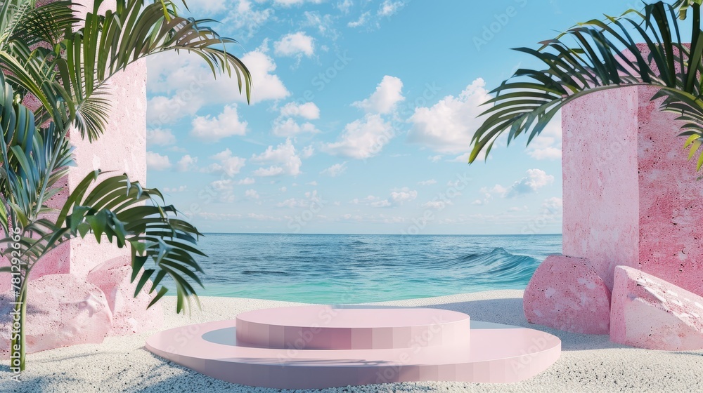 Poster this is a rendering of an abstract summer beach scene with a podium background.