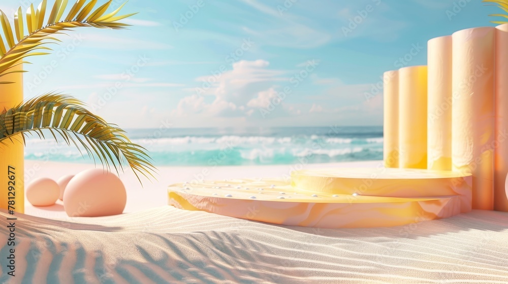 Poster three-dimensional rendering of an abstract summer beach scene with a podium background...