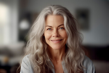 A portrait of a middle-aged woman with silver hair, smiling at the camera in her cozy home living room