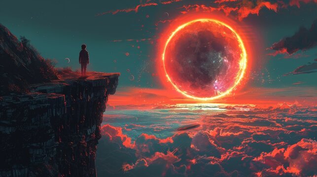Standing on the edge of the cliff looking at eclipse and rocks floating in the sky, illustration painting style, digital art