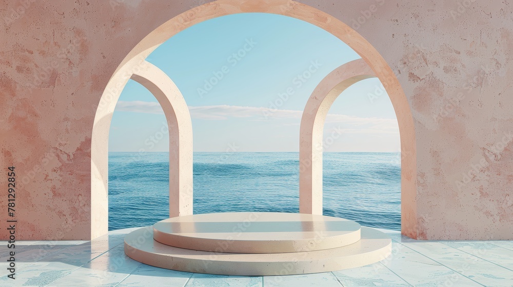 Poster summer scene with geometrical forms, an archway with a podium in natural daylight. sea view. 3d rend