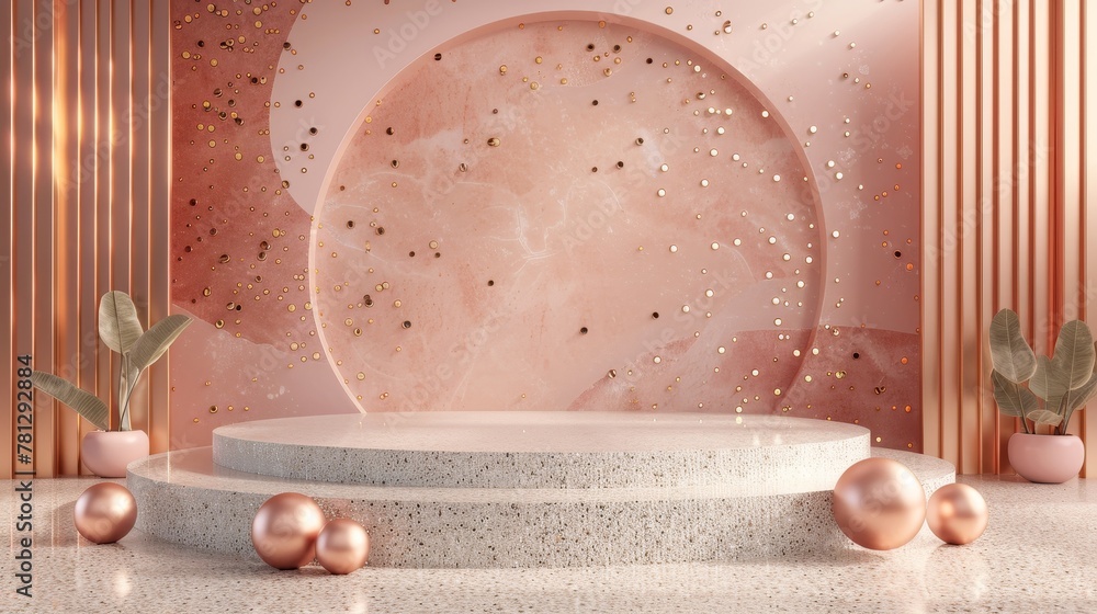 Poster 3d rendering of terrazzo and golden texture podium backdrop...