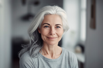 A portrait of a middle-aged woman with silver hair, smiling at the camera in her cozy home living room
