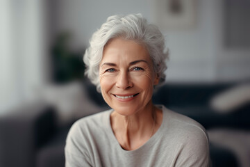 A portrait of a middle-aged woman with silver hair, smiling at the camera in her cozy home living...