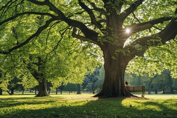 A sunny park with wooden bench under large trees in the background