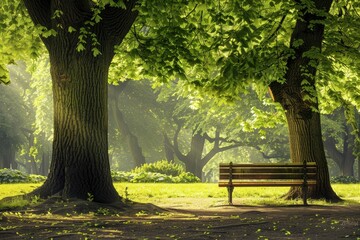 A sunny park with wooden bench under large trees in the background
