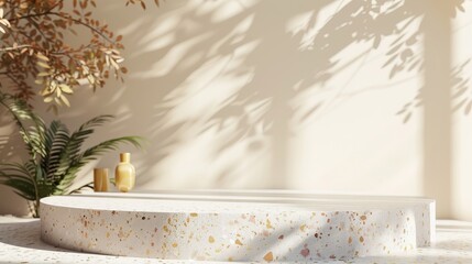 Background with a natural beauty podium with terrazzo and golden texture. This is a 3D rendering of this background...